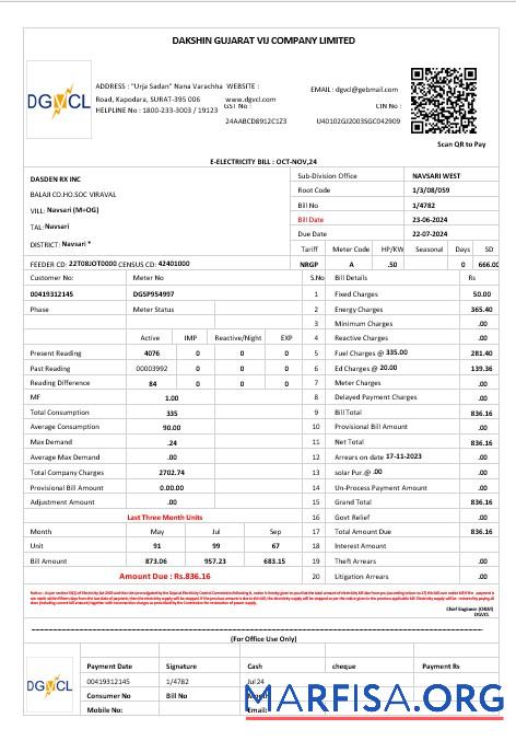 Printable INDIA DGVCL business utility bill Word and PDF template
